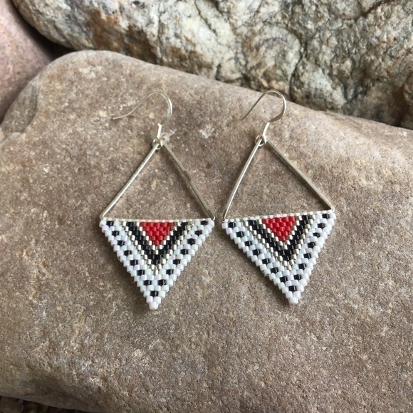 Red and Silver Triangle Beaded Earrings, New, Handmade by Me - Picture 1 of 5
